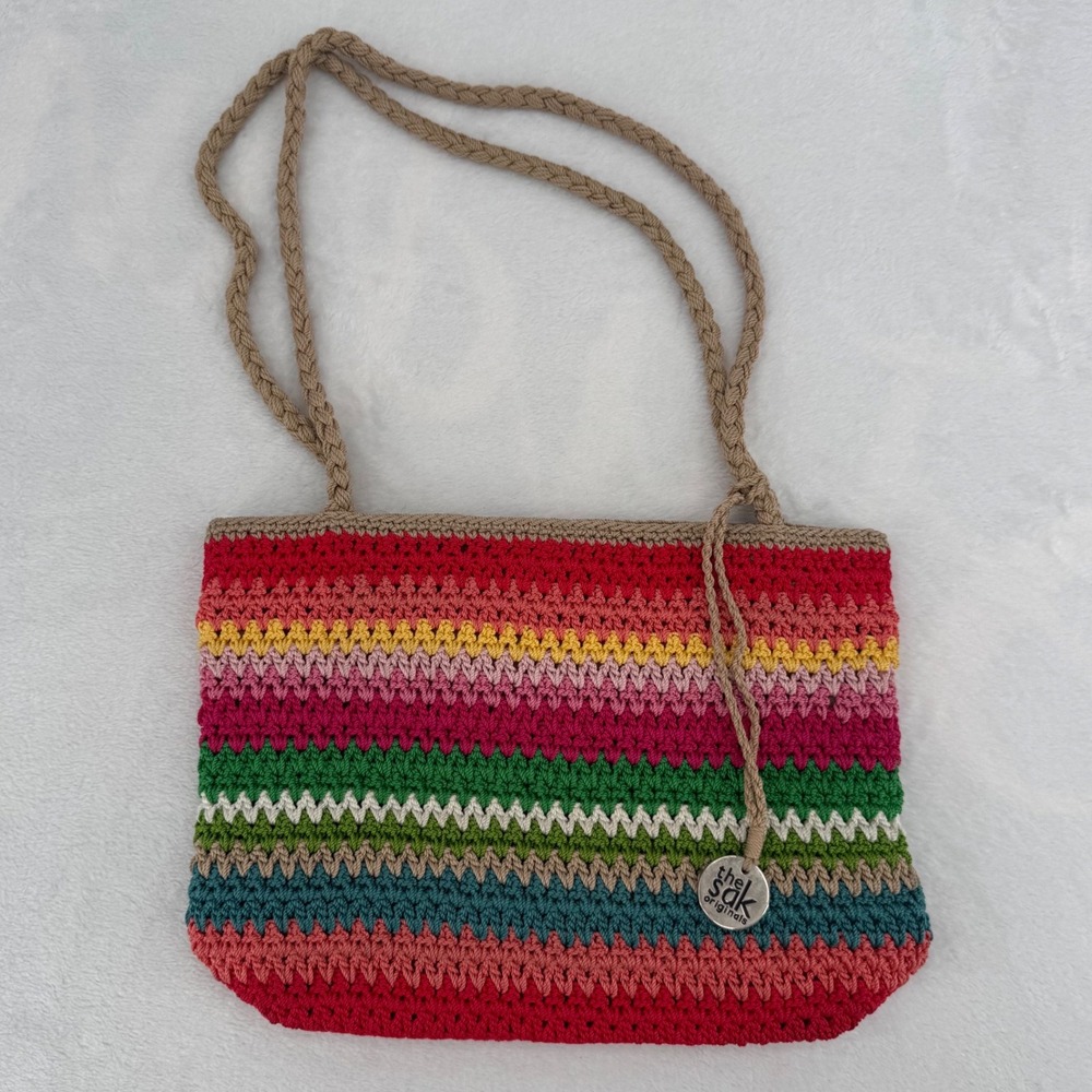 The Sak Originals Multi Color Striped Crochet Bag Boho Woven Shoulder Bag NWOT